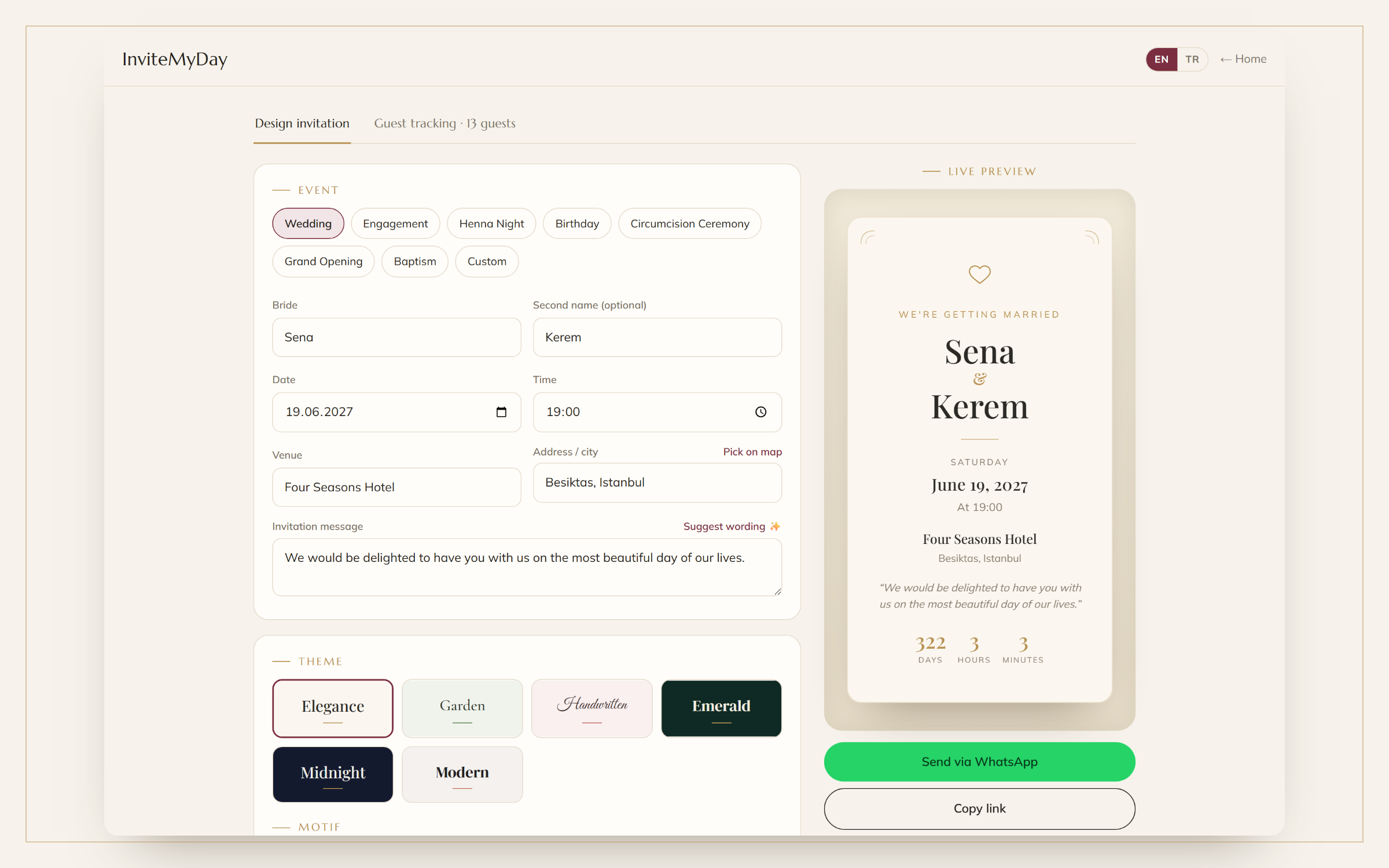 Davetiye oluşturucu: solda bilgiler, sağda canlı önizleme