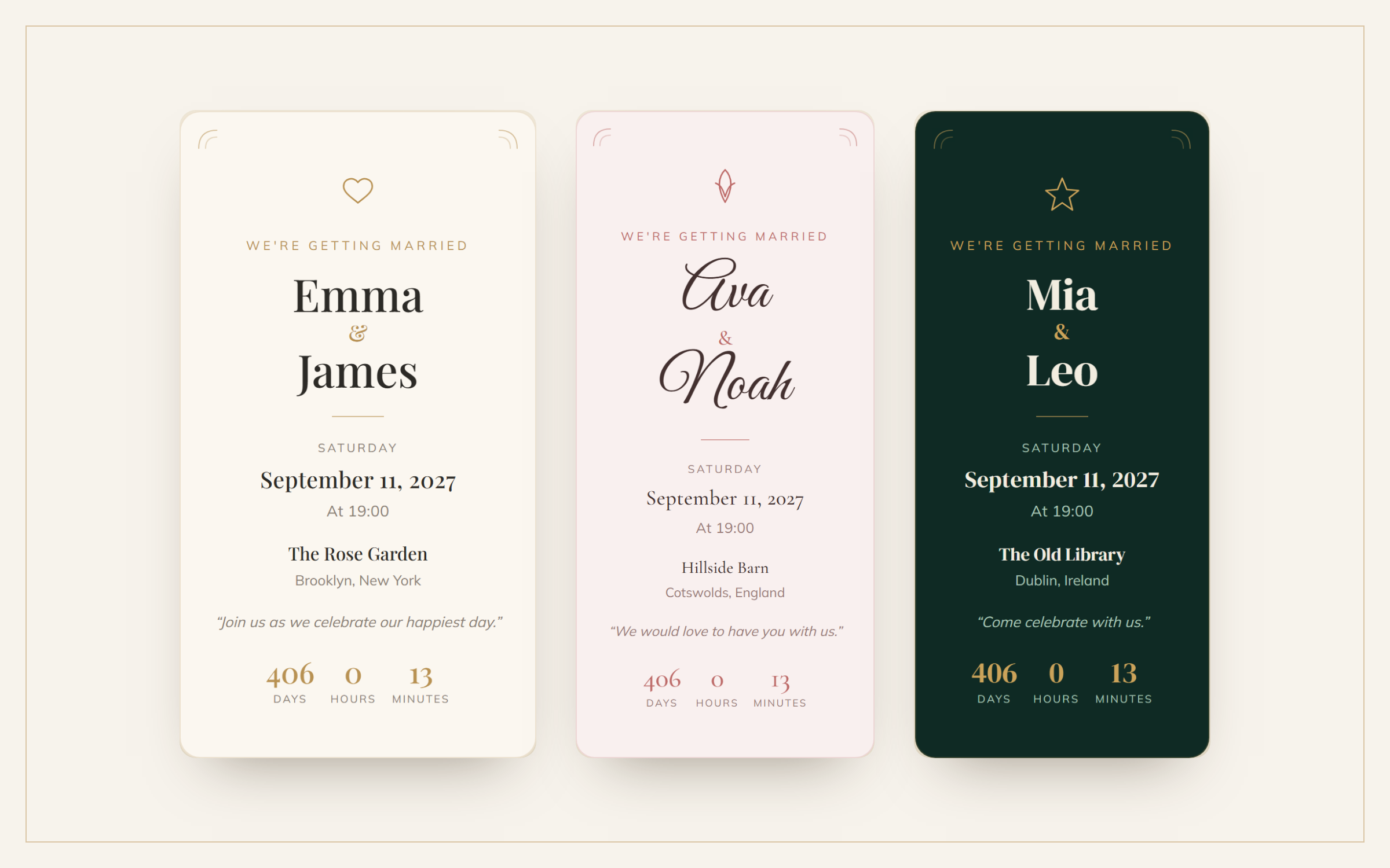 The same details in three different themes and tones